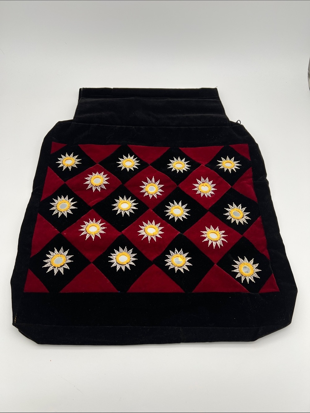 NWOT Handcrafted Velvet Multipurpose Black & Burgundy Handbag w/ Mirror Appliqué